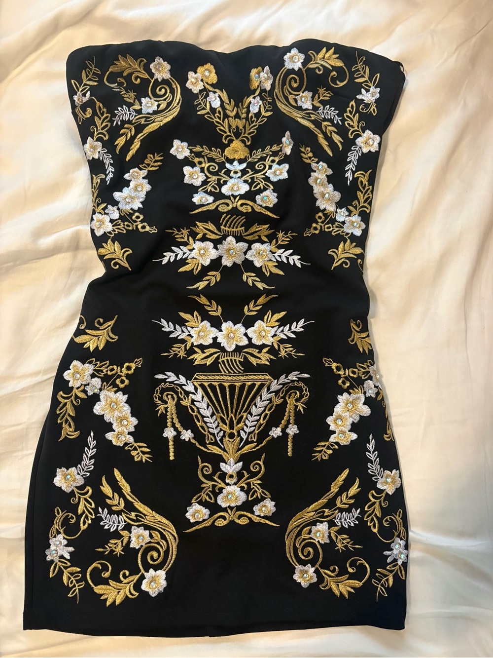 Black Strapless Mini Dress with Gold & White Floral Embroidery